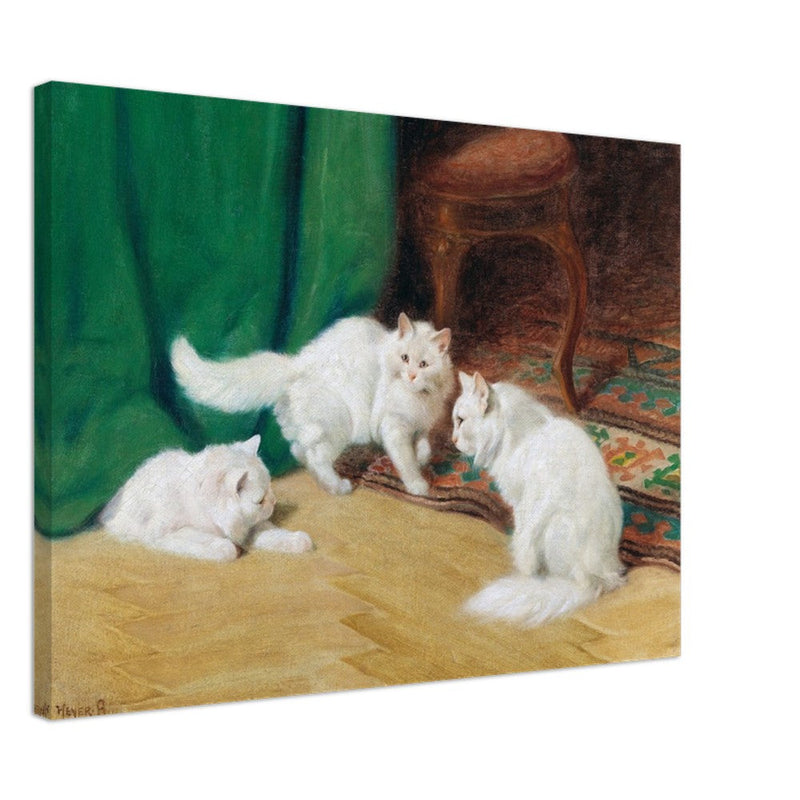 Three white cats playing old painting by Arthur Heyer.