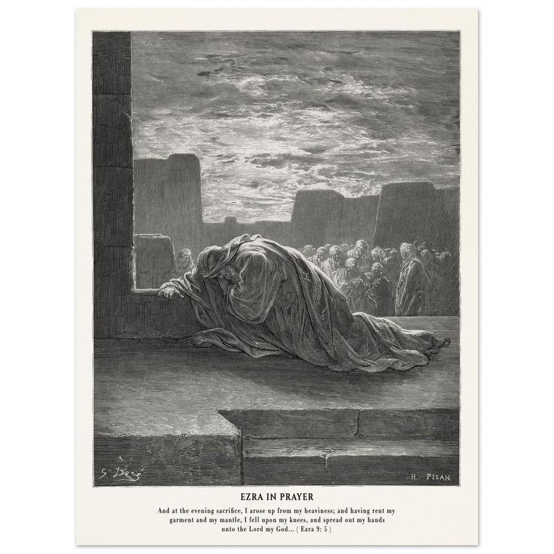 Gustave Dore The Bible engraving print . Ezra in prayer illustration .