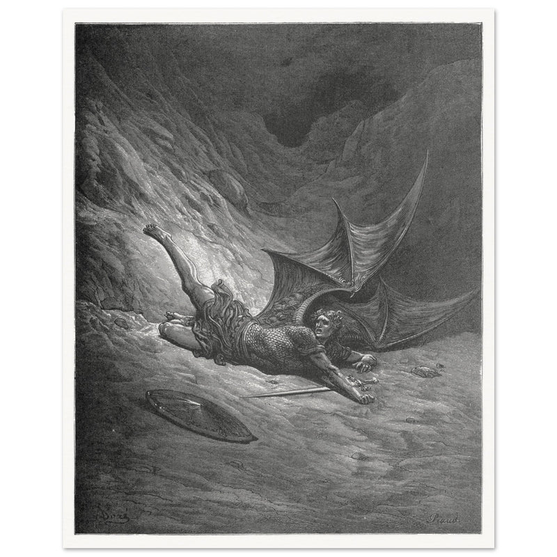Gustave Dore Paradise Lost engraving . Satan wounded in battle experiences pain for the first time.