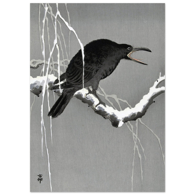 Crow on snowy tree branch by Ohara Koson, ,