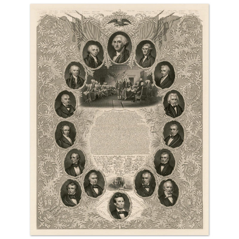 The Declaration of Independence and portraits of the United States  presidents. Walla rt decor
