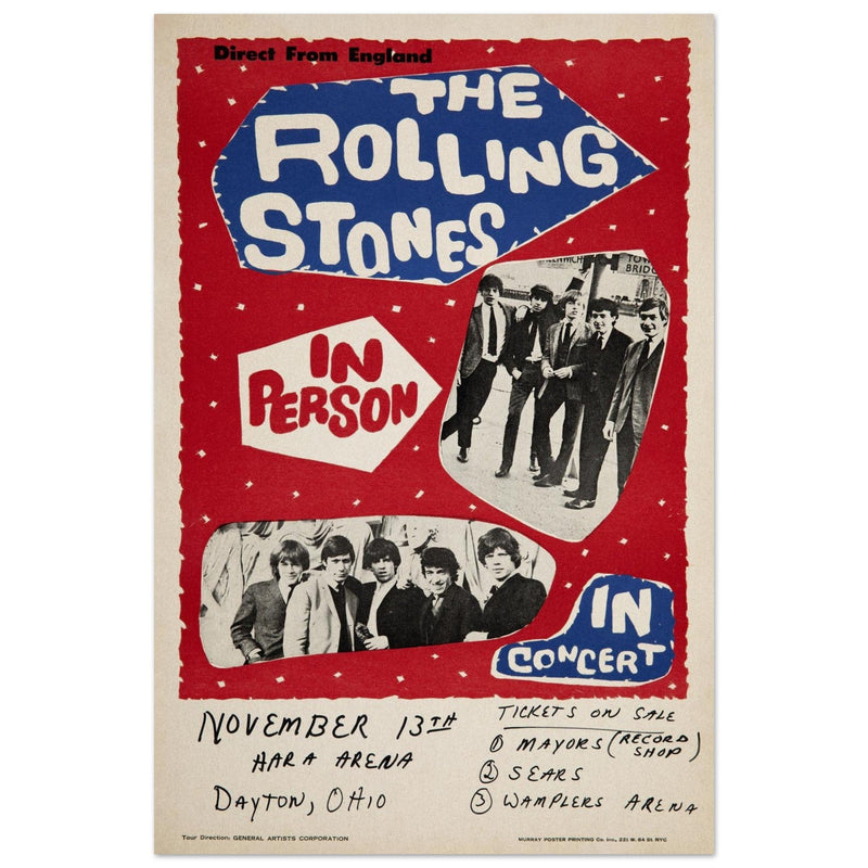 Rolling Stones music concert poster. Performance in Dayton Ohio USA 1964 .