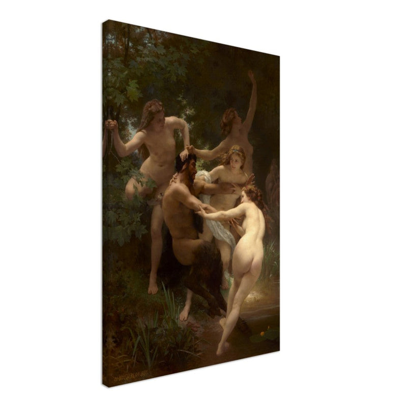 Nymphs and Satyr canvas by William Adolphe Bouguereau. Antique painting reproduction. Greek mythology.