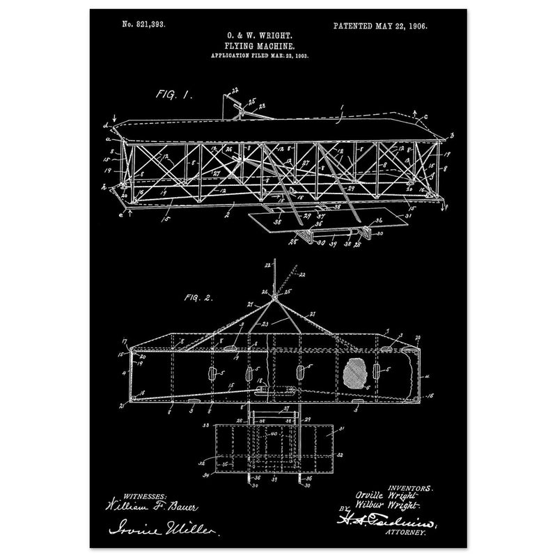 Flying machine patent 1906 by the Wright brothers. Vintage airplane.