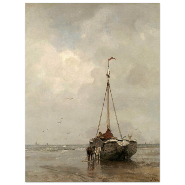 Jacob Maris old marine painting Bluff-bowed Fishing Boat on the Beach at Scheveningen.