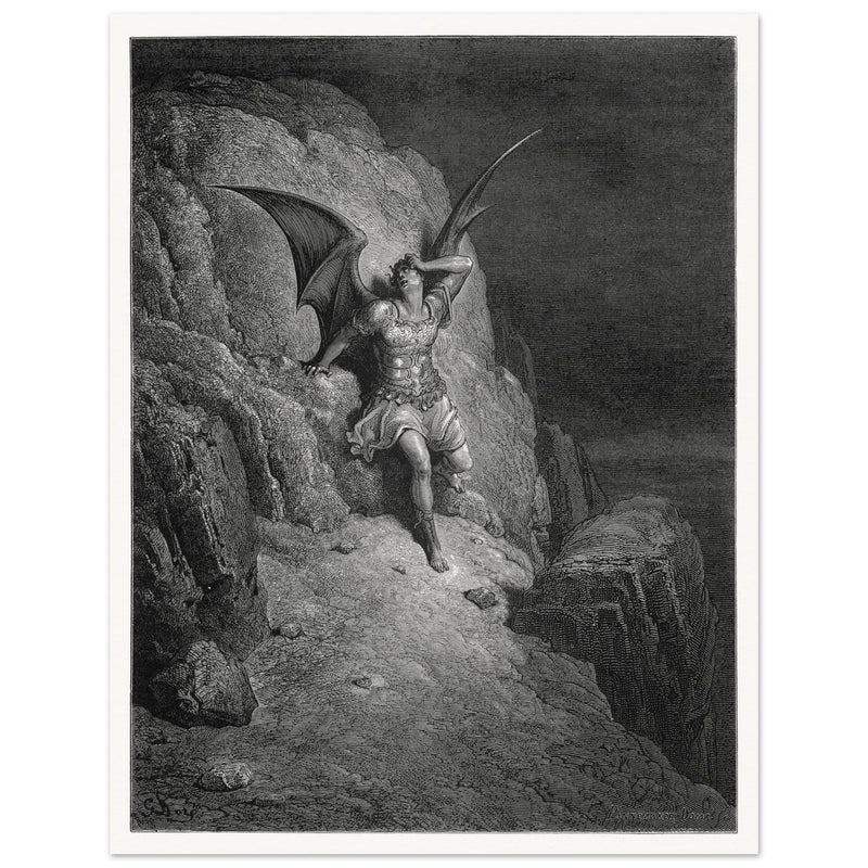 Gustave Dore Paradise Lost engraving . Torment of Satan despair as he realizes his fall.