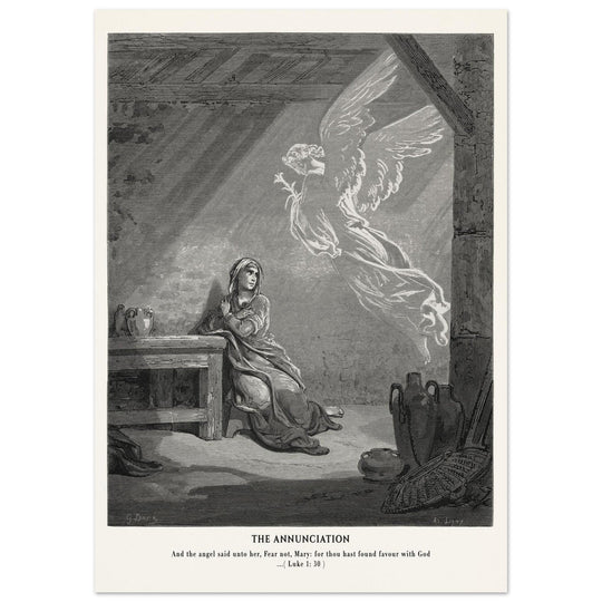Gustave Dore The Bible engraving print . The Annunciation illustration .