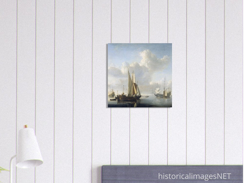 Willem van de Velde Ships before the coast. Marine landscape painting.