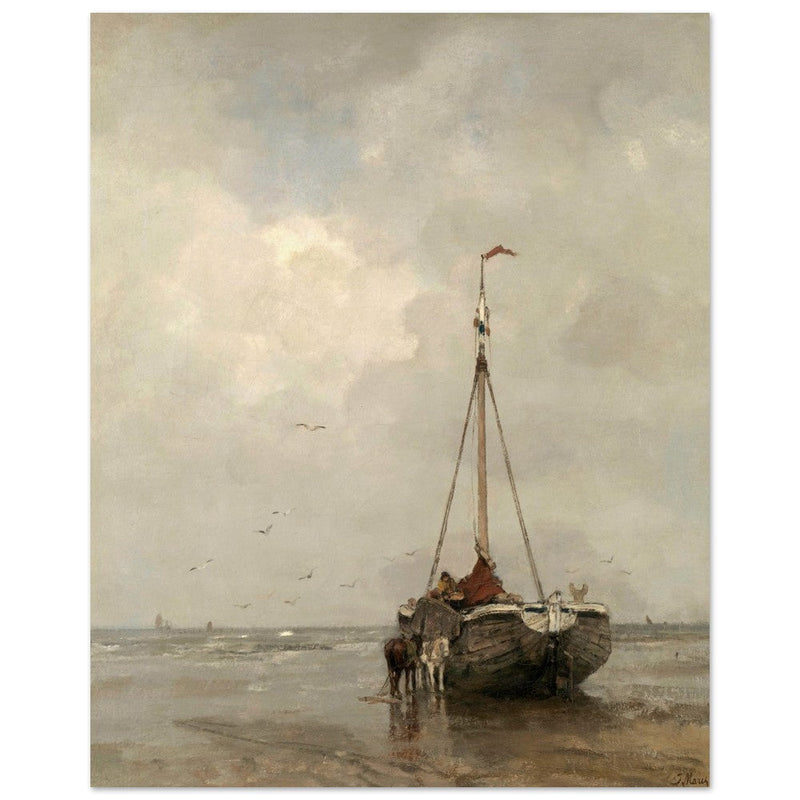 Jacob Maris old marine painting Bluff-bowed Fishing Boat on the Beach at Scheveningen.