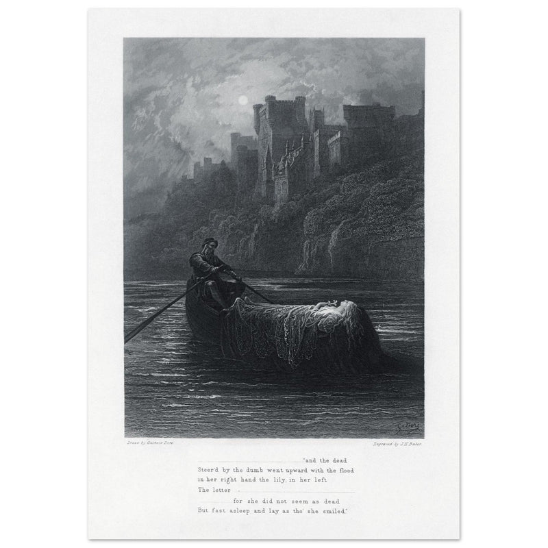 Gustave Dore illustration .The Body of Elaine on its way to King Arthur's Palace. Idylls of the King by Alfred Tennyson.
