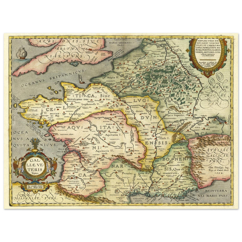 Galliae Veteris Typus by Abraham Ortelius. Ancient map of  Gaul ( now France ) .