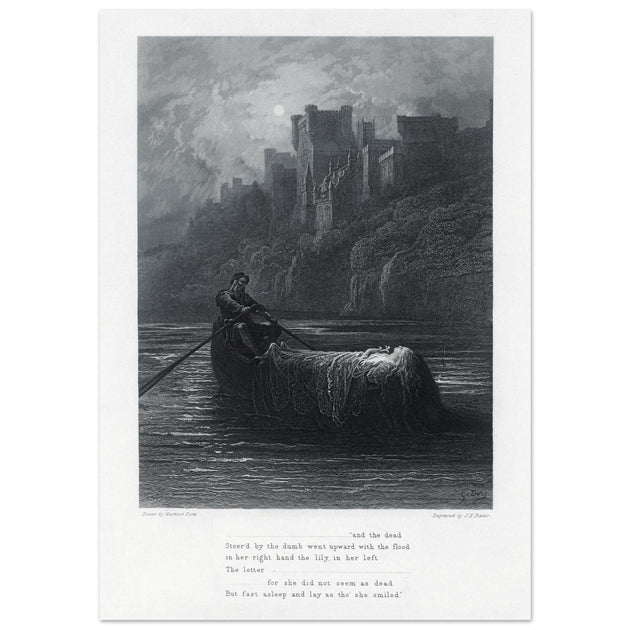Gustave Dore illustration .The Body of Elaine on its way to King Arthur's Palace. Idylls of the King by Alfred Tennyson.