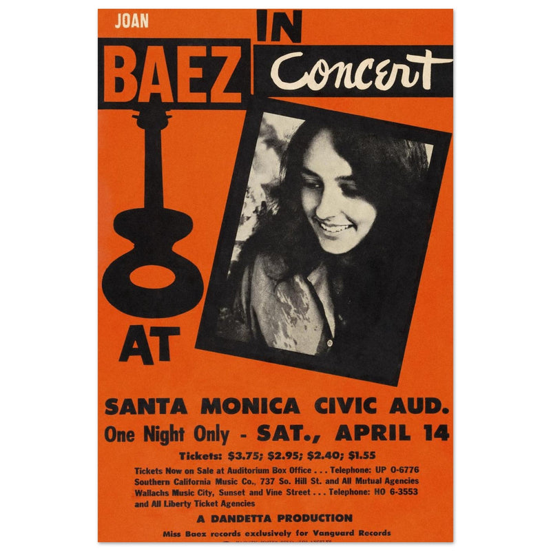 Joan Baez in concert vintage poster . Santa Monica Civic Auditorium in california 1962