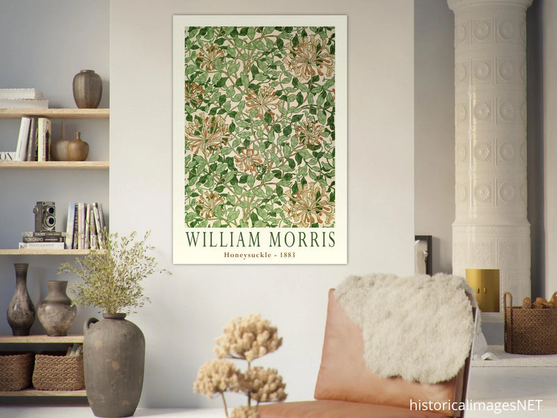 William Morris art print Honeysuckle wallpaper. Vintage flower and leaves poster.