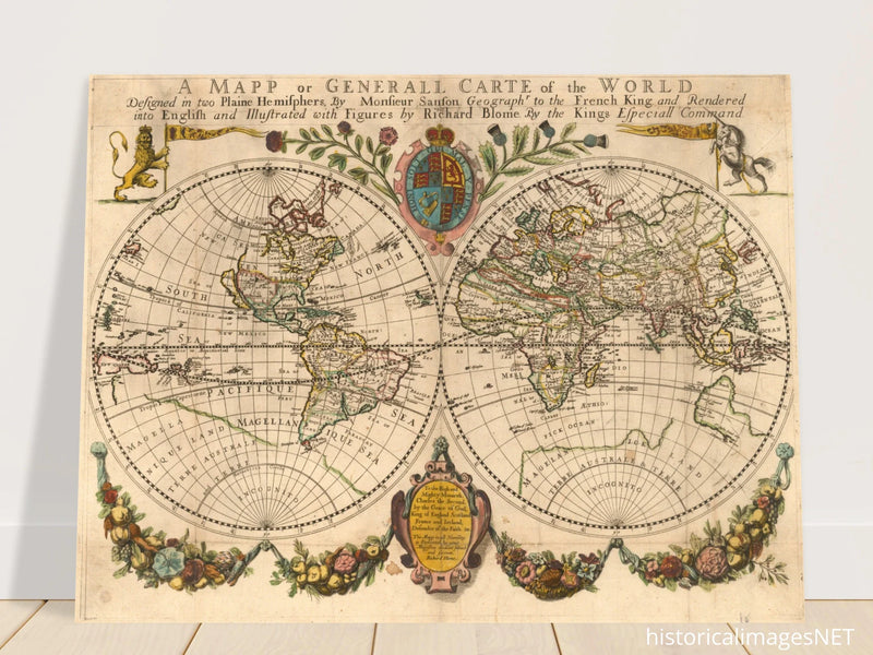 Antique world map poster reproduction by Richard Blome 1670