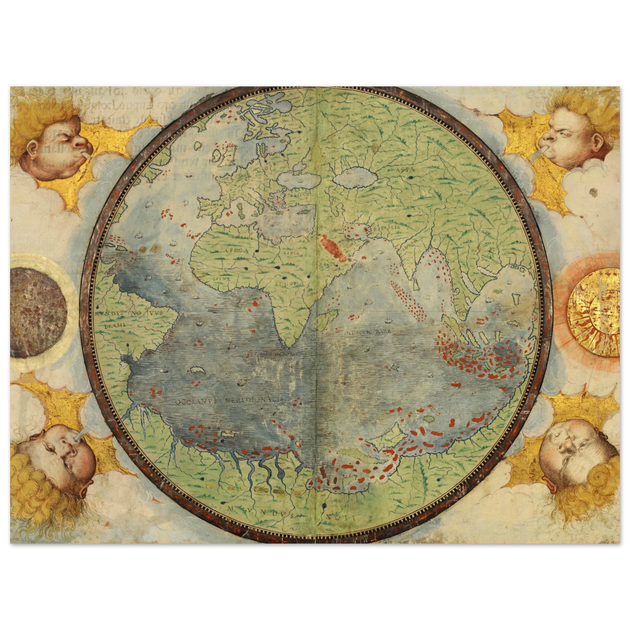 Vintage nautical world map poster reproduction by Lopo Homem 1519