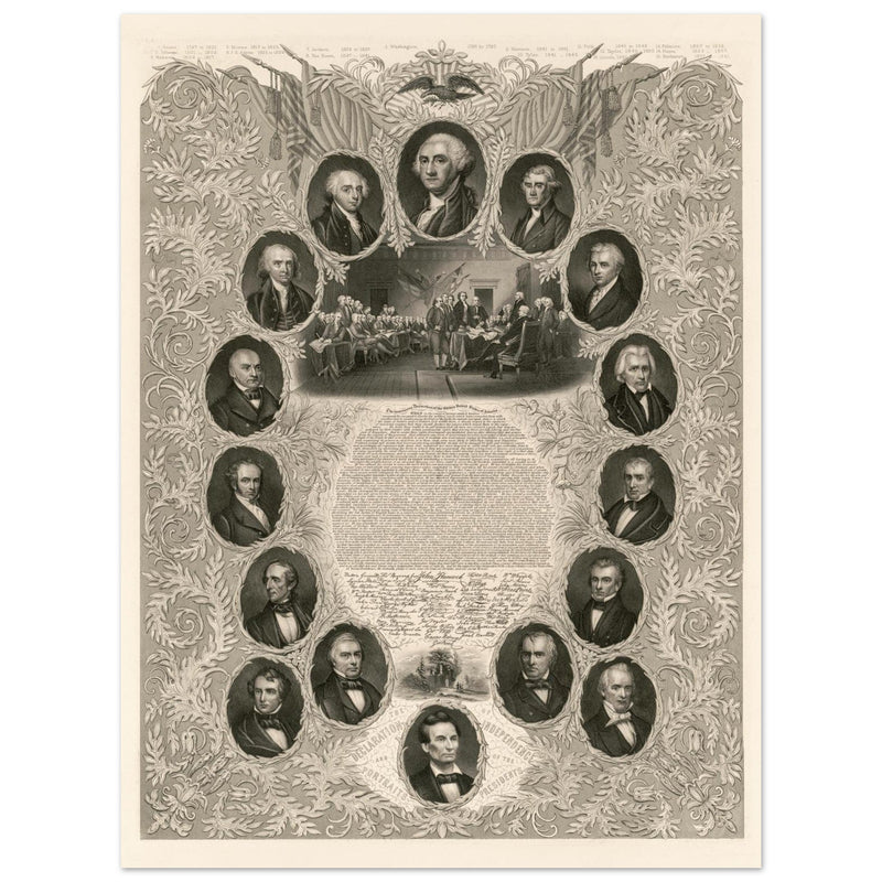 The Declaration of Independence and portraits of the United States  presidents. Walla rt decor