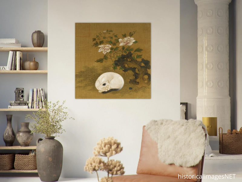 Cat, rock, and peonies