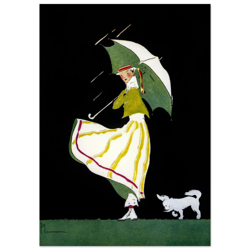 Ethel M Plummer illustration for vintage fashion magazine cover. Woman with umbrella and her dog.