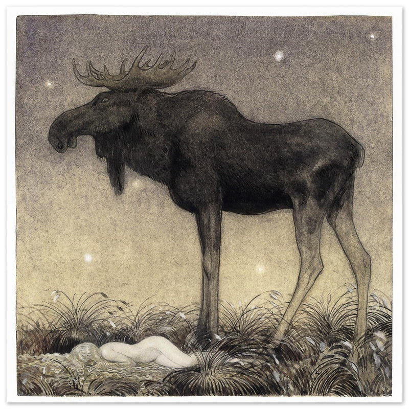 John Bauer vintage illustration print . From the fairy tale Leap the Elk and Little Princess Cottongrass.