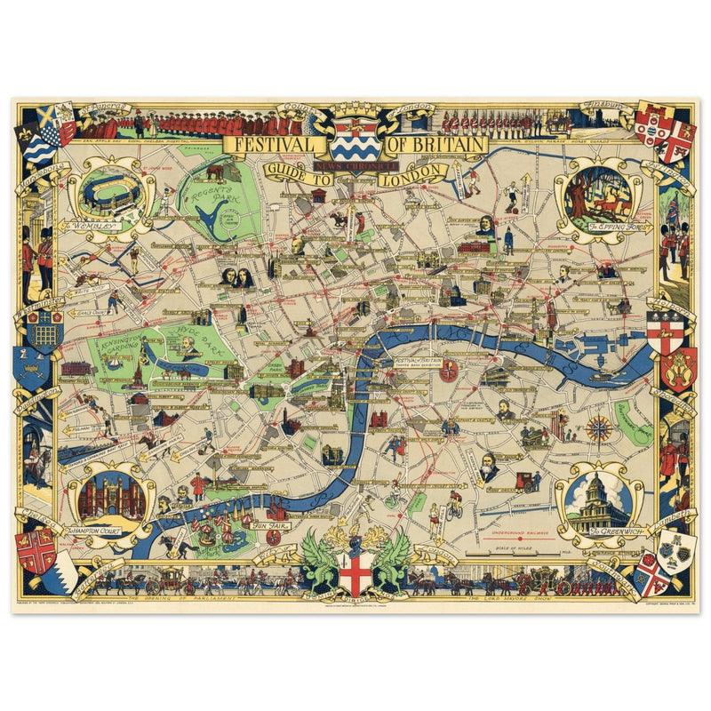 London 1951 vintage city map . Landmarks and places of interest in London.