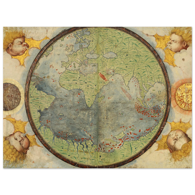 Vintage nautical world map poster reproduction by Lopo Homem 1519
