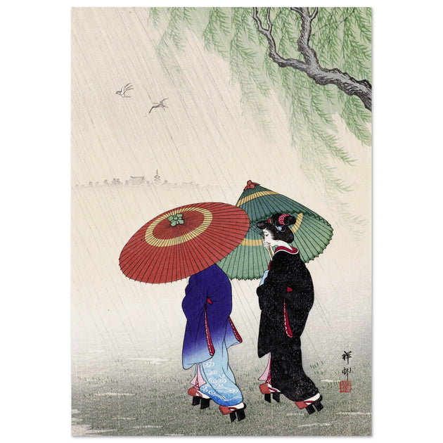 Two women in the rain by Ohara Koson