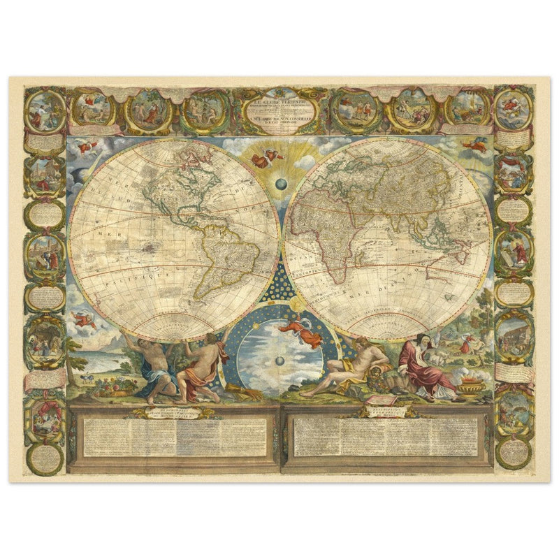 Beautiful illustrated world map of the XVIII Century. Vintage historic double hemisphere map.