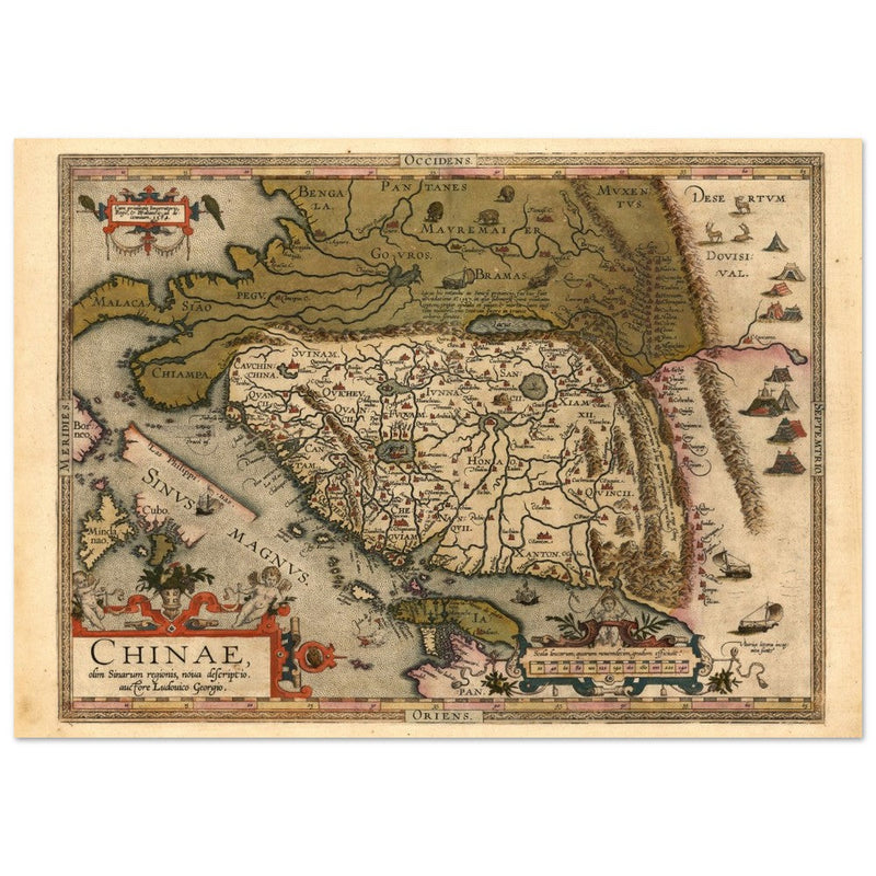 Ancient map of China by cartographer Abraham Ortelius 1584. Vintage historic map.