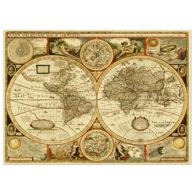 Old World Map of 1651 by John Speed. Vintage Double Hemisphere cartography of the XVII century .