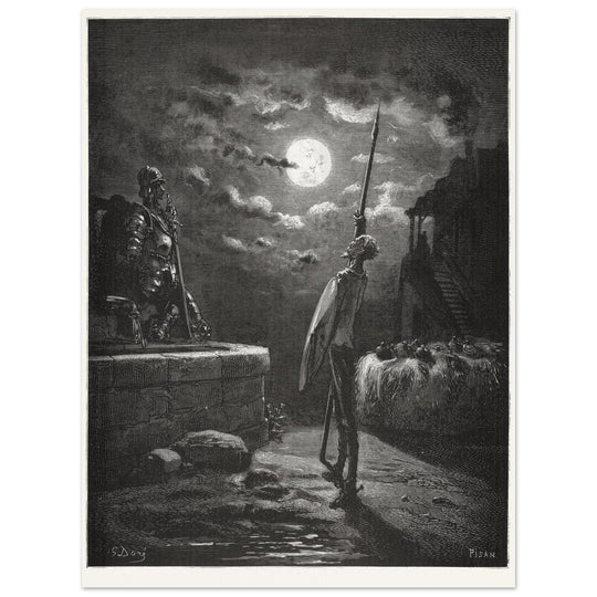 Don Quixote by Gustave Dore. The knight raising his sword against the moon at night.