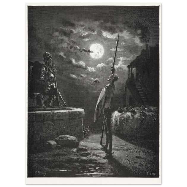Don Quixote by Gustave Dore. The knight raising his sword against the moon at night.
