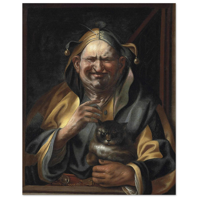 A jester with a cat antique painting reproduction by Studio of Jacob Jordaens.