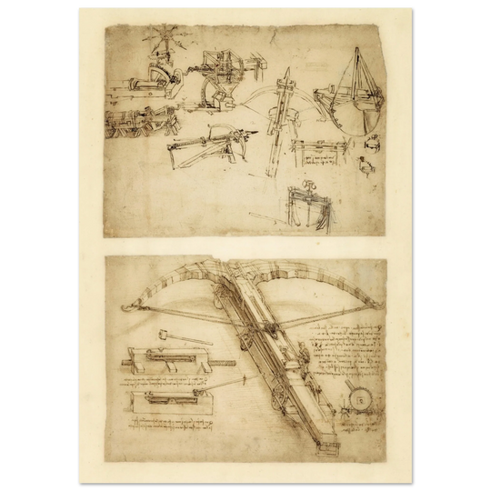 Leonardo da Vinci Atlantic Codex (Codex Atlanticus) Giant crossbow drawing reproduction.