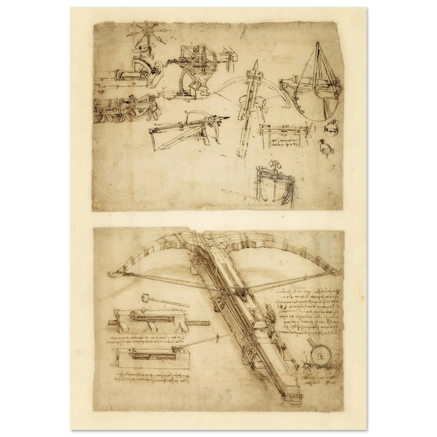 Leonardo da Vinci Atlantic Codex (Codex Atlanticus) Giant crossbow drawing reproduction.