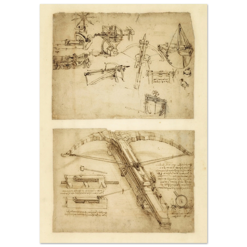 Leonardo da Vinci Atlantic Codex (Codex Atlanticus) Giant crossbow drawing reproduction.