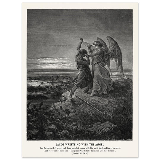 Gustave Dore The Bible engraving print . Jacob wrestling with the angel .