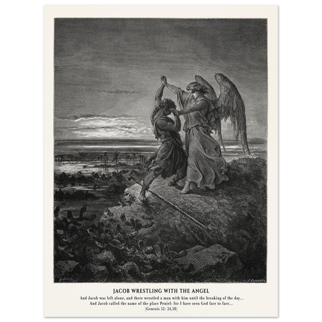 Gustave Dore The Bible engraving print . Jacob wrestling with the angel .