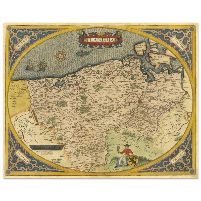 Ancient map of Flandria by Abraham Ortelius 1584. Vintage map  .