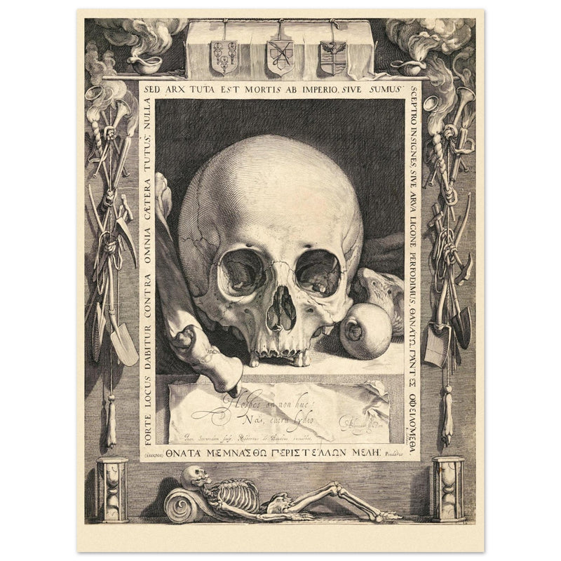 Memento Mori by Jan Saenredam, Abraham Bloemaertca.  Historical engraving .