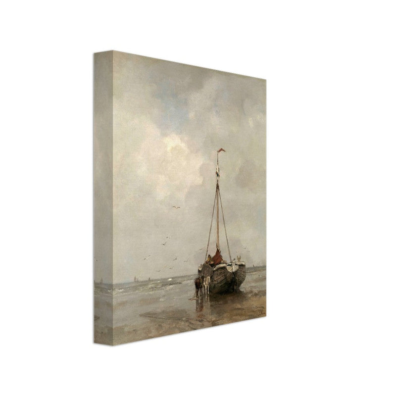 Jacob Maris old marine painting Bluff-bowed Fishing Boat on the Beach at Scheveningen.