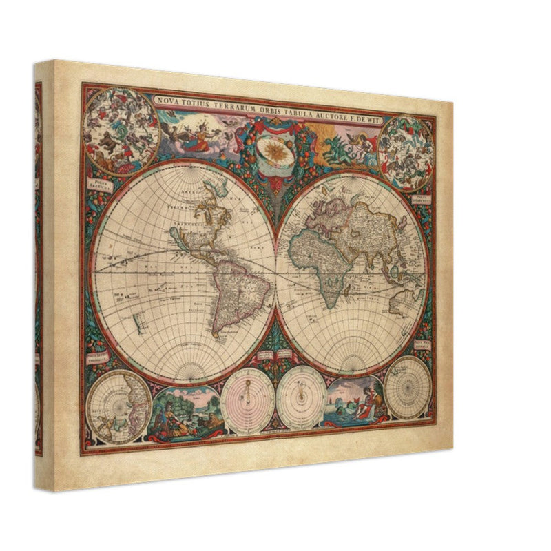 1660 Ancient old world map. Double hemisphere antique map reproduction.