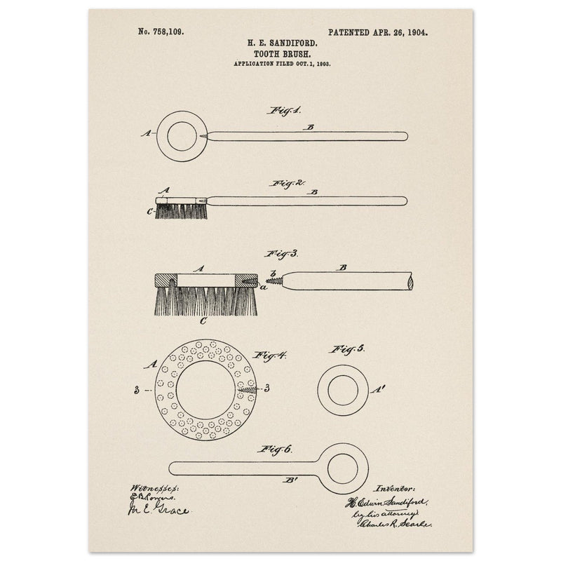 Toothbrush patent illustration by H E Sandiford.