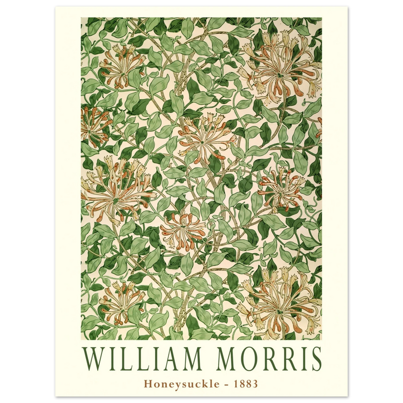 William Morris art print Honeysuckle wallpaper. Vintage flower and leaves poster.