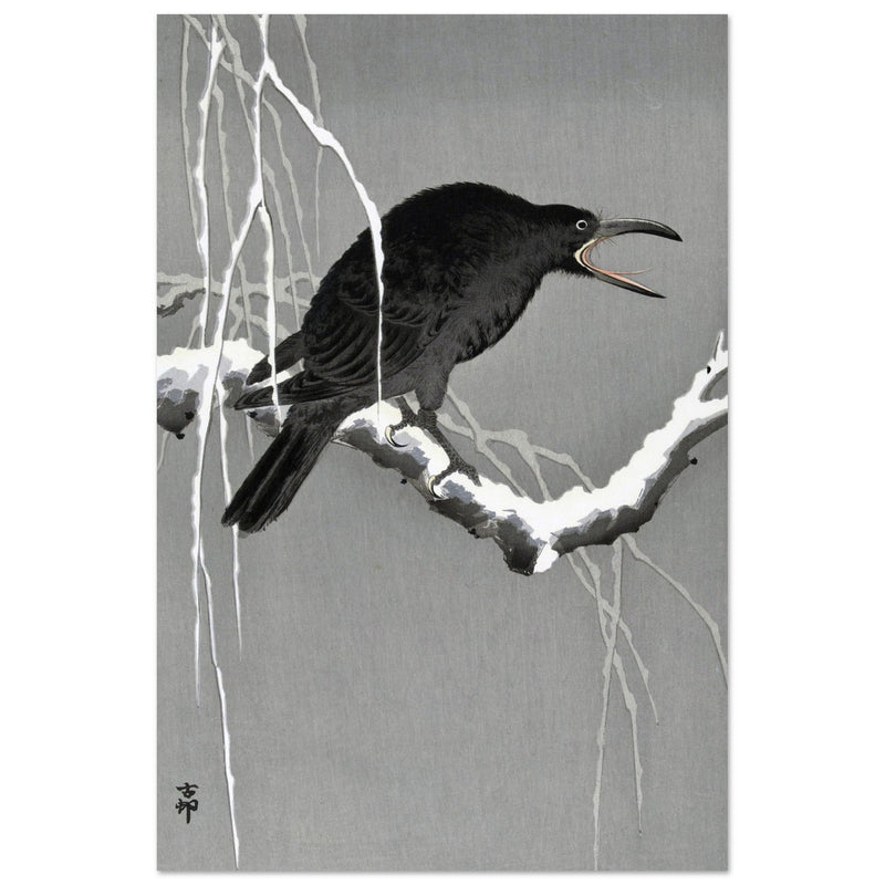 Crow on snowy tree branch by Ohara Koson, ,
