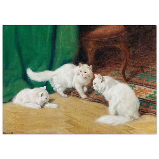 Three white cats playing old painting by Arthur Heyer.