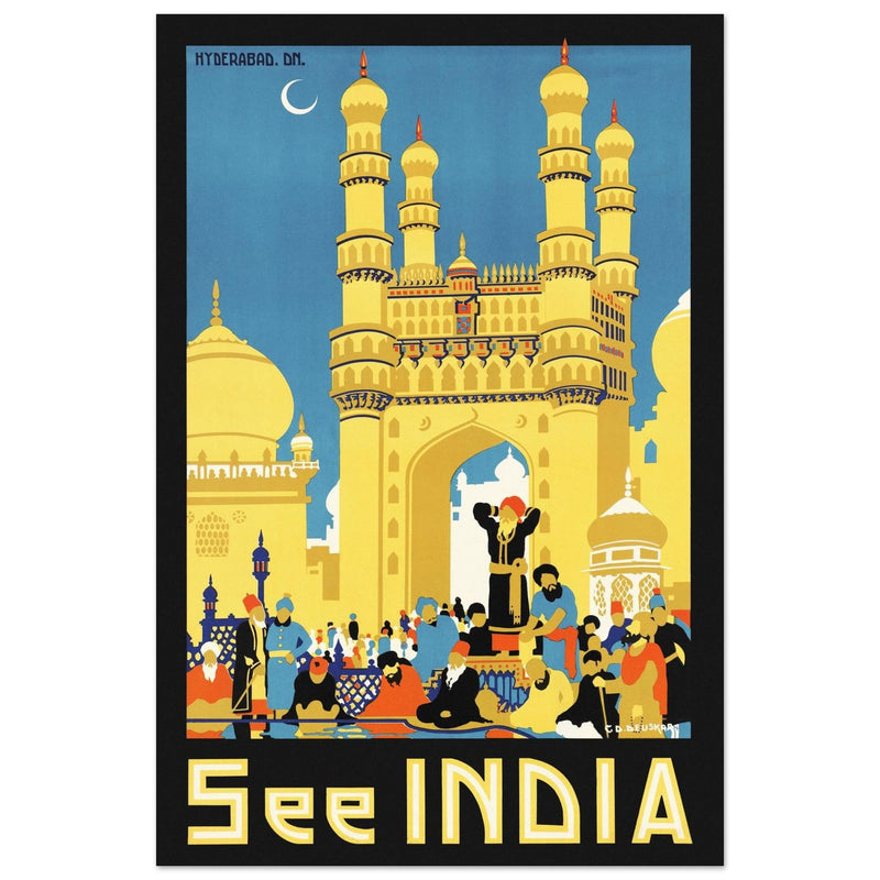 See India vintage travel poster. Charminar monument in Hyderabad.
