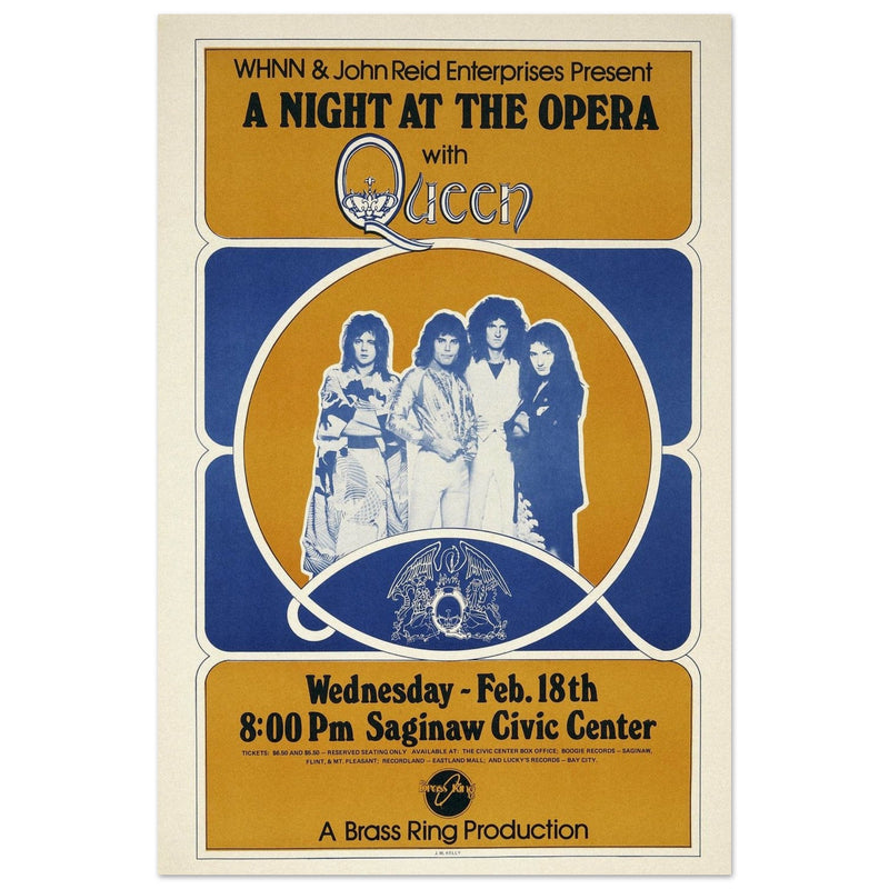 Queen a Night at the Opera concert poster. Performance at the Saginaw Civic Center in 1976.