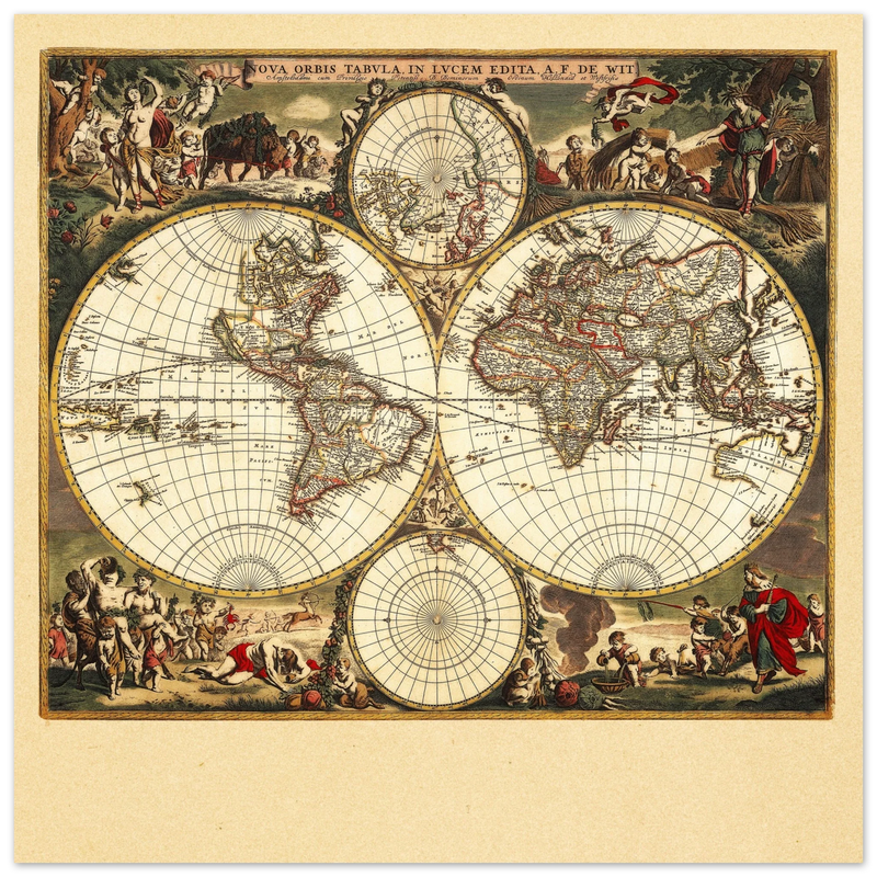 Antique world map. 1660 double-hemisphere world map titled Nova Orbis Tabula, in Lucem Edita by Frederik de Wit