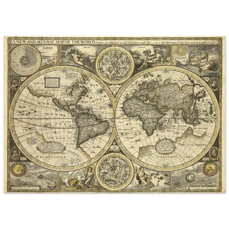 Old World map 1626. John Speed famous double hemisphere cartography with beautiful illustrations.